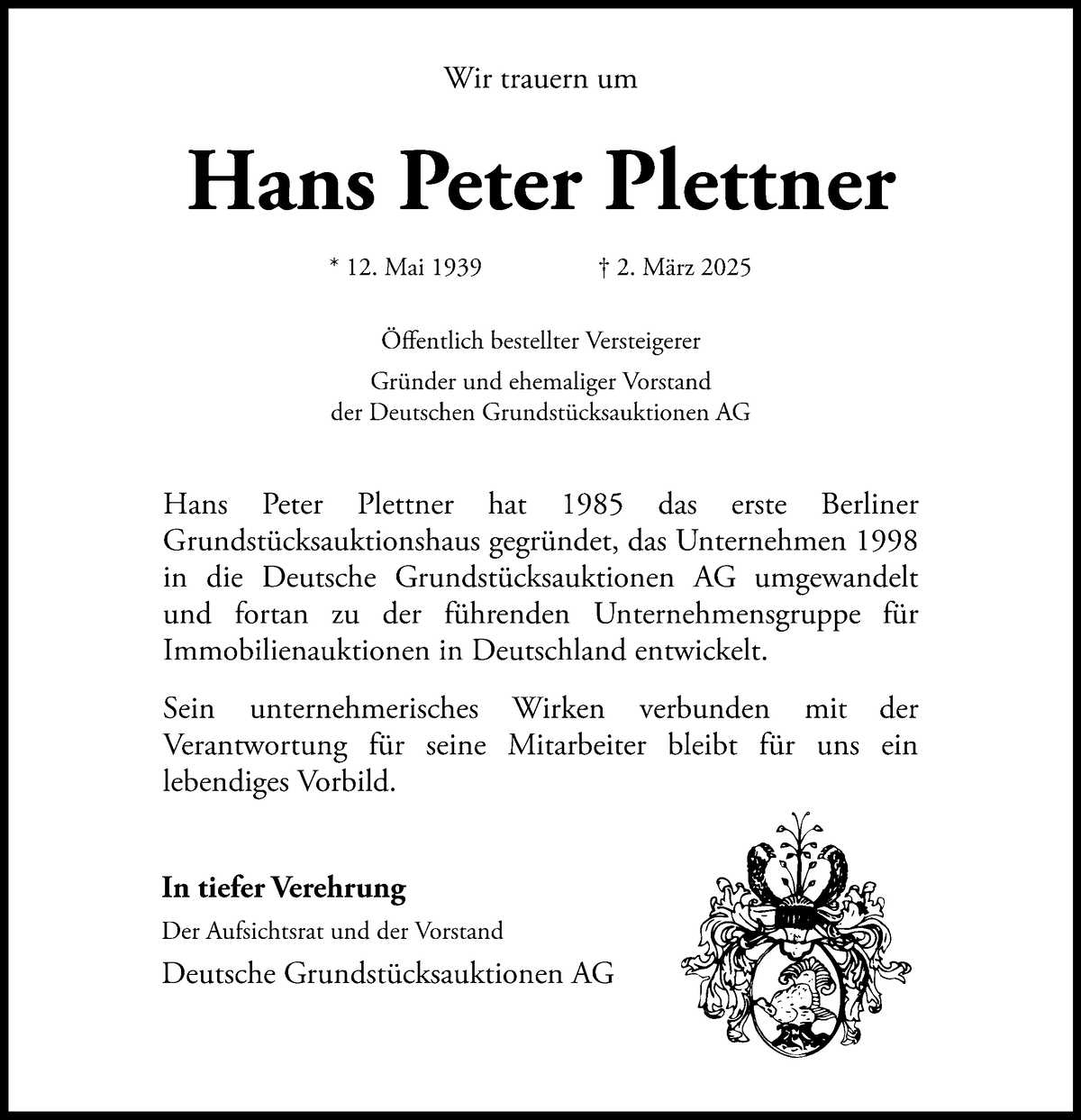Hans Peter Plettner, Gründer der DGA AG (1939-2025)